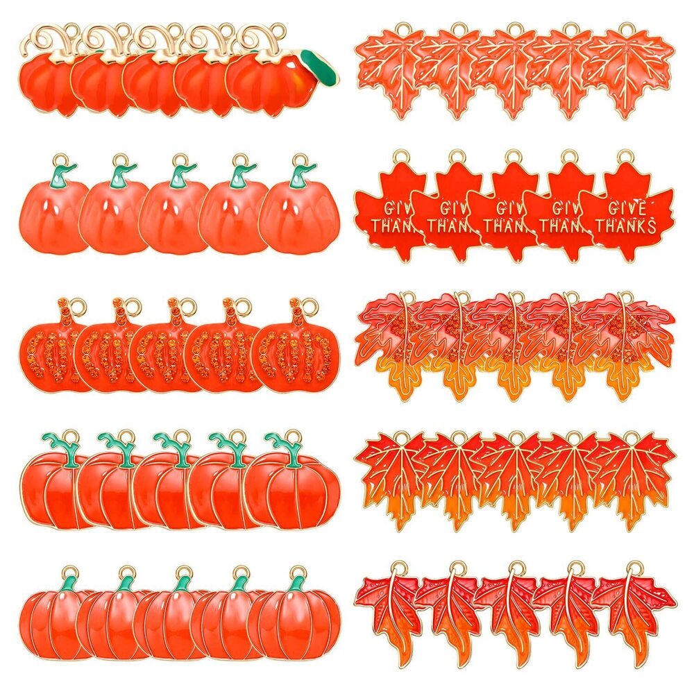 6104 50PCS Fall Charms for Jewelry Making, Thanksgiving Pumpkin Maple Leaf
